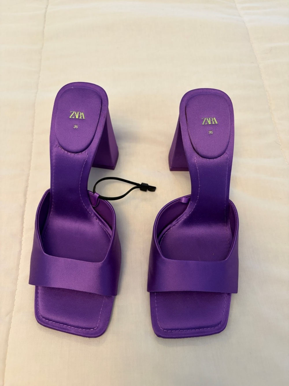 Zara Violet Satin Square-Toe Block Heel Sandals